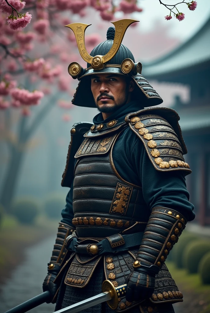 a samurai warrior, detailed facial features, ornate armor, katana sword, dramatic lighting, cinematic composition, muted color palette, highly detailed, photorealistic, studio lighting, 8k, intricate textures, muscular physique, intense expression, cherry blossom petals, feudal japan landscape, fog, moody atmosphere, masterpiece