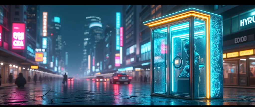 There is a phone booth in a futuristic city, written on the booth: TEDOMA, positioned on the right corner of the image,  contrasting colours, rendered in keyshot, futuristic cabins, cabine no estilo TRON LEGACY, lights in blue and golden colors, cabin made of glass, transparent cabins, cyberpunk, Time Machine, represented as a 3D rendering, 3D rendering beep, promotional rendering, sci-fi magic highly detailed.