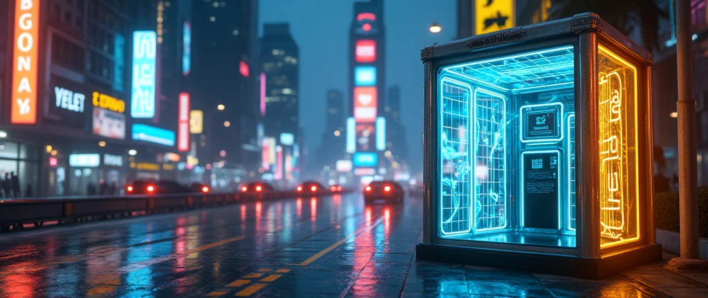 There is a phone booth in a futuristic city, written on the booth: TEDOMA, positioned on the right corner of the image,  contrasting colours, rendered in keyshot, futuristic cabins, cabine no estilo TRON LEGACY, lights in blue and golden colors, cabin made of glass, transparent cabins, cyberpunk, Time Machine, represented as a 3D rendering, 3D rendering beep, promotional rendering, sci-fi magic highly detailed.