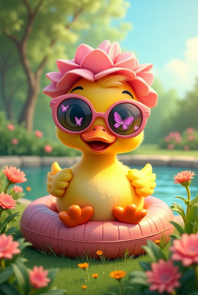 Cute duck,sitting on ground into Green Grass with flowers,soft pink touch,wearing a flowers hat,cartoon,sun butterflys sunglasses,swimming tires,Alpha Background
