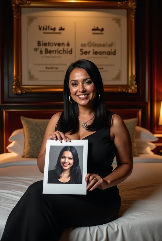 Une femme brune. Les cheveux raides, écartés ou un peu écartés du cou, pas longs, de couleurs noirs. Une femme un peu volumineuse par sa forme physique. Assise dans une grande chambre d'hôtel, sur un lit de l'hôtel, souriante, la tête droite, le regard droit fixé vers l'avant, portant dans ses mains une grande photo qu'elle montre bien vers l'avant de sorte que la photo qu'elle montre soit un peu décollée de sa poitrine et derrière elle, accroché sur le mur, un tableau avec 2 écritures sur le tableau. L'une qui dit en arabe : Bienvenue à Berrechid et la deuxième en langue française qui dit : Bienvenue à Berrechid.