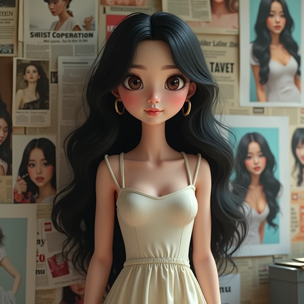 Create a realistic CG image of a young woman with long black hair, styled in soft waves, and wearing a light, sleeveless dress. The woman has delicate, doll-like features with large expressive eyes and a soft blush on her cheeks. She is standing in front of a wall covered with various posters and newspapers, some of which feature images of herself in different poses and outfits. The scene has a slightly surreal atmosphere, blending a sense of modern urban life with a touch of fantasy. The image