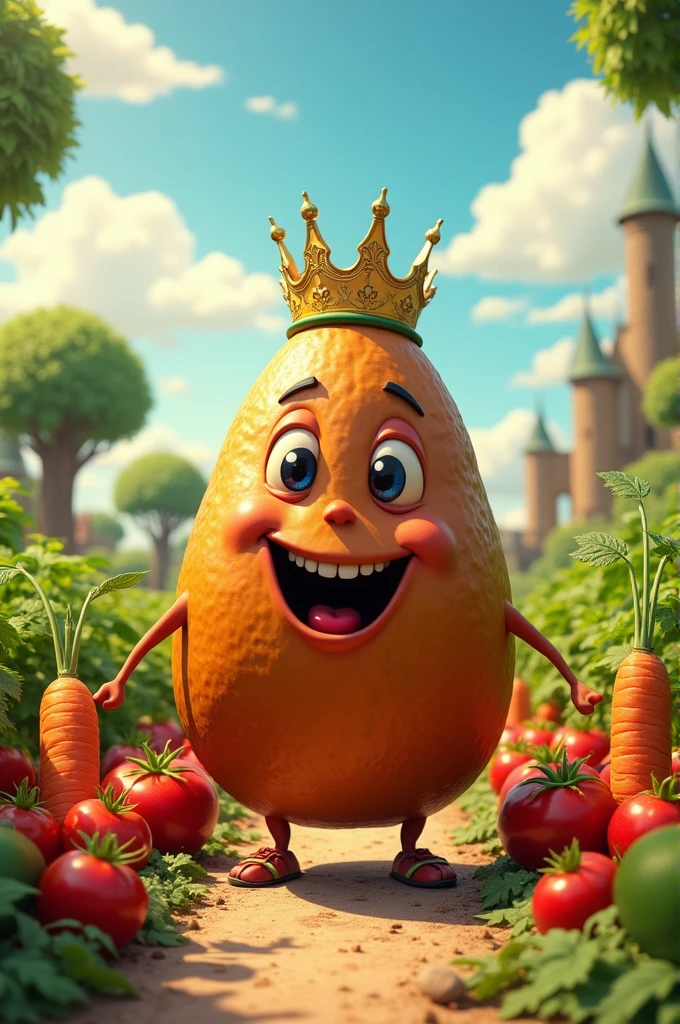 A kingdom of alive vegetables and fruits where all vegetables and fruits are beside a happy king brown date,real
