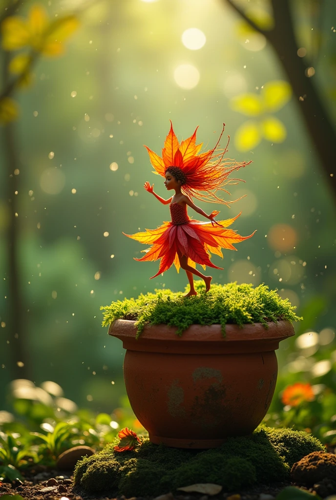 a whimsical miniature figure composed of delicately arranged autumn leaves, poised in carefree dance on the rim of a weathered, moss-covered terracotta pot, set against a lush vibrant forest backdrop, where dappled sunlight filters through the canopy above
, casting intricate shadows. the overall aesthetic is ethereal, with warm, earthy tones of sienna, umber, and olive green, infused with hints of emerald and golden light, evoking a sense of wonder and enchantment, as if plucked from a fantastical realm

a human like figure rinade of leaves dancing on a pot, forest rain background