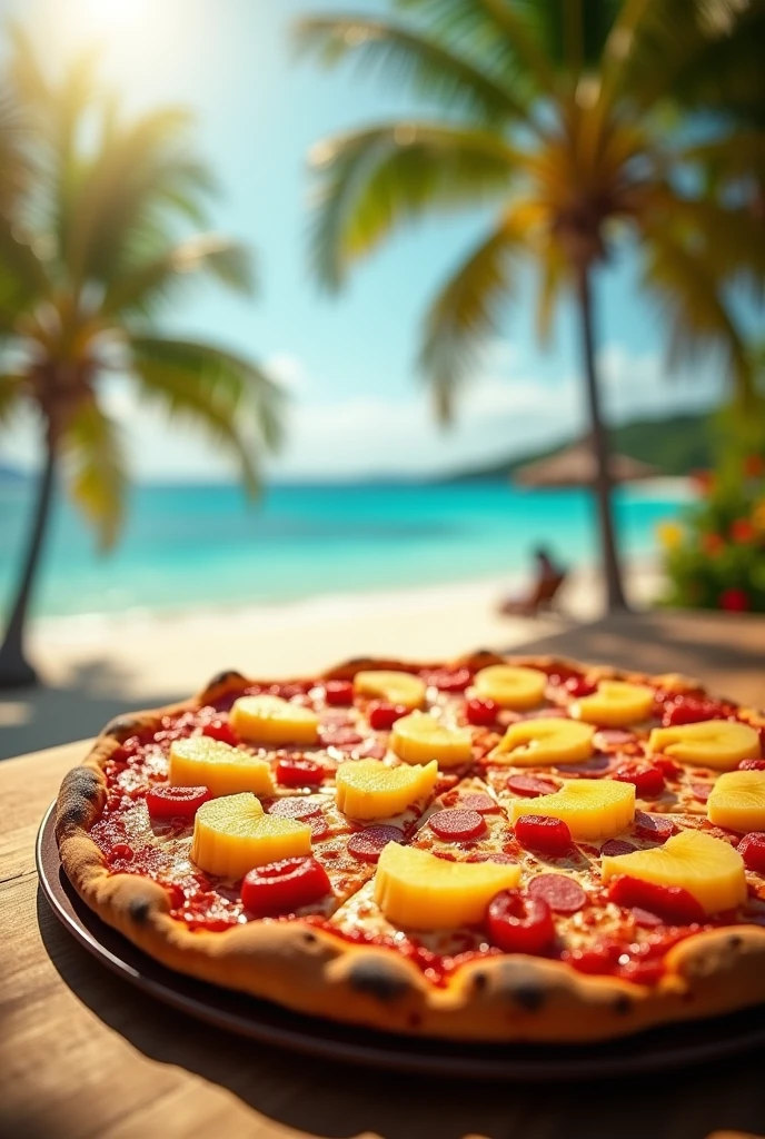 (photorealism:1.2), Delicious Hawaiian pizza photo for advertising 