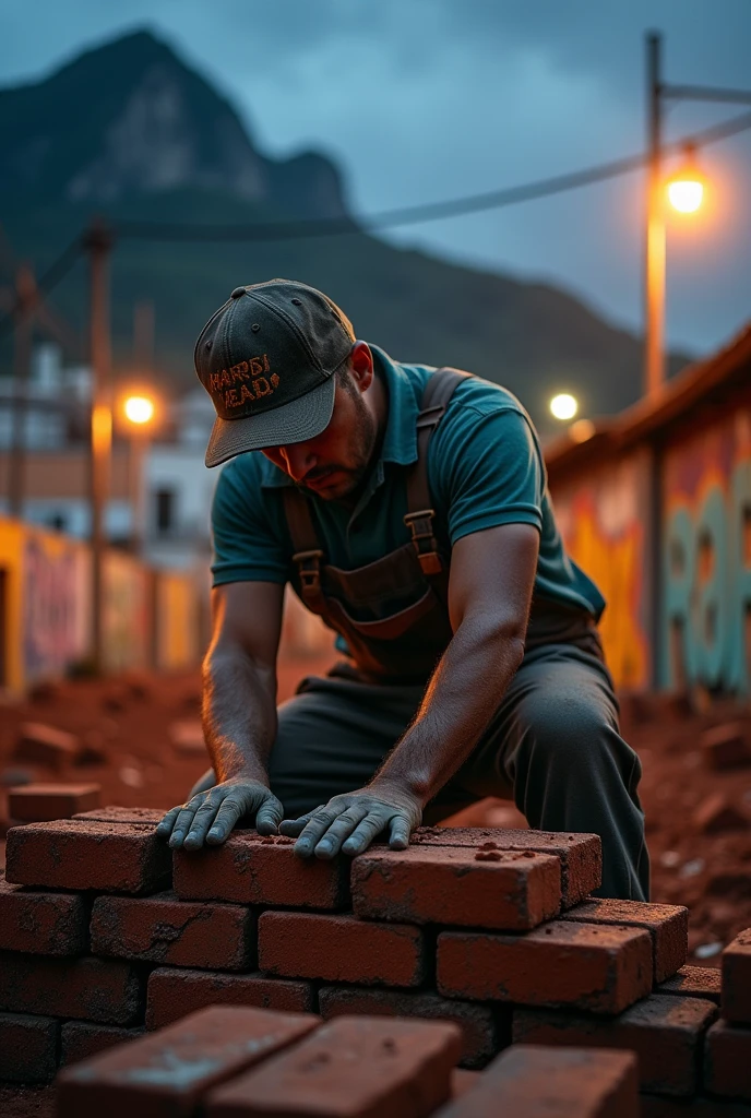 Image of a university under construction , in a darker environment in Rio de Janeiro, focusing on a bricklayer 