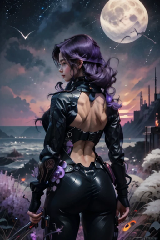 1 girl, Incredibly beautiful, Purple hair flutters in the wind, very sexy (striving for perfection).
mirror suit, holding her body tightly (approaching perfection). Standing with his back to the edge of the roof,. night, a sky full of stars and a huge silhouette of the moon. captivating view, wind, wind-effect, lunar night view, (great view:1.1). high quality, 16k,Perfect centralization, Fantastic black goldfish, happiness, Standing position, Abstract beauty, centered, looking at the camera, FaceDynamic, Very detailed, seeds, Sharp Focus, 8 K, a high resolution, illustration, artists Karn Griffiths and Vadim Kashin
