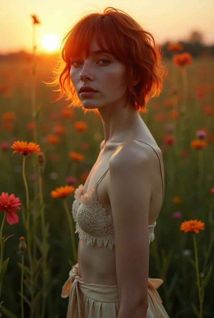 Thin naked woman with short red hair
