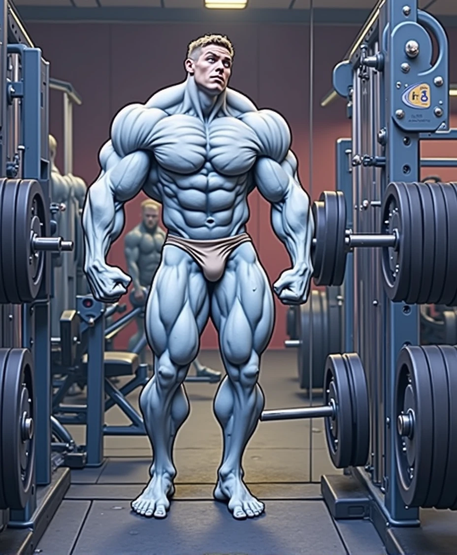 This man's physique has enormous muscles, his bodybuilder muscles are so big and inflated that the muscles of his shoulders make his head look small and surround it.