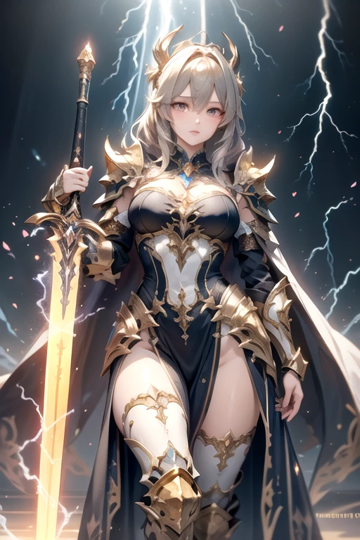 super realistic image, high quality uhd 8K, of (1 god girl, Hilyn), detailed realistic ((athletic body, high detailed)), ((tall model)), (skinny waist), ((beautiful bright blonde long hair)), ((no beard)), high detailed realistic skin, (((powerful and fantastic full armor, divine golden fantasy armor))), (((casting lightning magic spells with great golden fantasy sword))), ((white fur cape)), ((magical hearts of light)), (in guardian position, in the valhalla), real vivid colors, standing