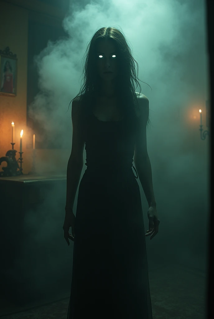 A terrifying woman in her room,scary,night,fog