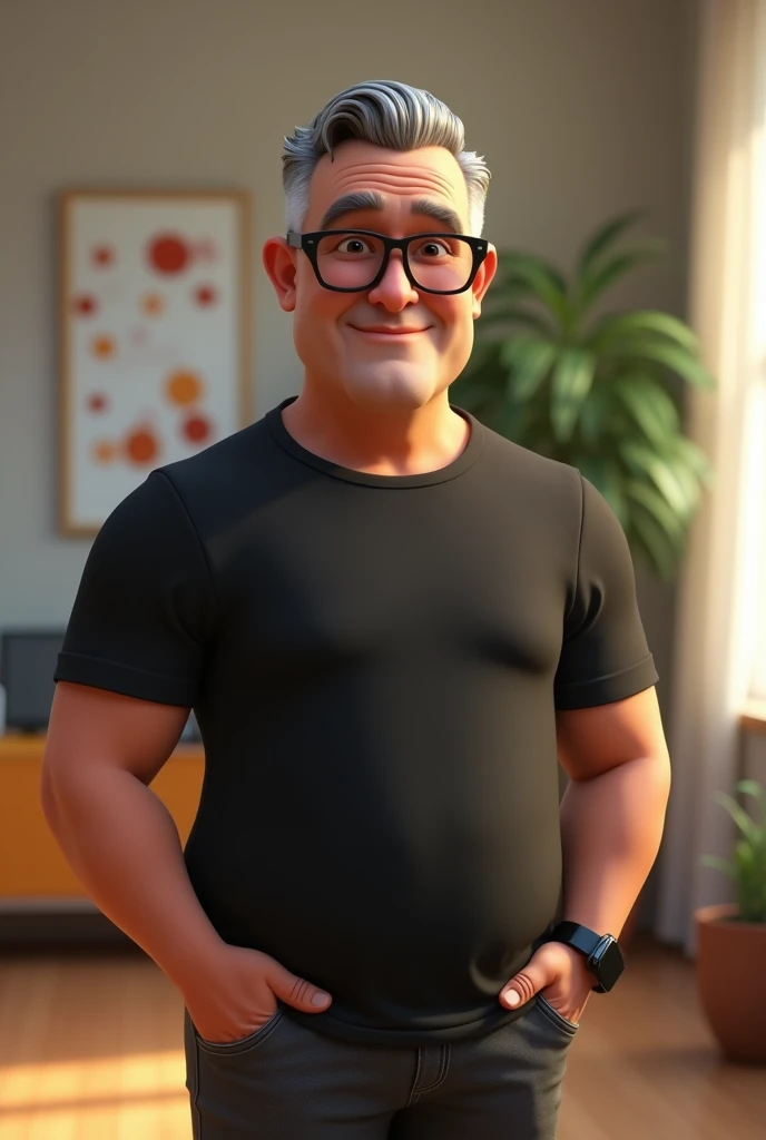 Create a stylized 3D cartoon character of a middle-aged man. The character should be rendered in a Pixar-like style using Arnold Maya or toon Keyshot render. The rendering must be of high quality, featuring cinematic lighting, sharp focus, detailed textures, detailed skin, a clay-like finish, and bokeh effects, all in 8K resolution.
The character is a middle-aged man with a broad build but no belly or muscular physique. He wears modern black reading glasses and has very short gray hair, styled to the right on top and shaved on the sides. His skin tone is dark brown with a warm undertone, and he has two prominent vertical wrinkles on his forehead between his eyebrows.
His beard is trimmed and sparse, with more white hairs on the chin and the rest being dark gray. He has hairy arms and does not wear any accessories or jewelry except for a black smartwatch. He is dressed in an oversized black t-shirt and dark gray pants without a belt. The man's expression is friendly but without a smile, and he is looking directly at the camera, without being cross-eyed.