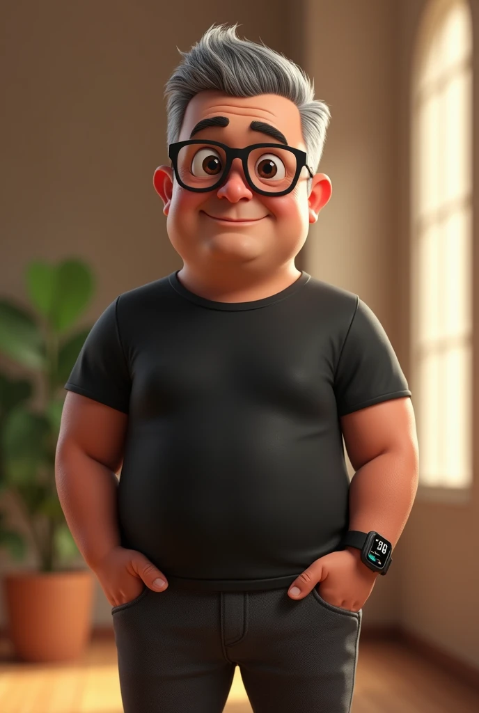 Create a stylized 3D cartoon character of a middle-aged man. The character should be rendered in a Pixar-like style using Arnold Maya or toon Keyshot render. The rendering must be of high quality, featuring cinematic lighting, sharp focus, detailed textures, detailed skin, a clay-like finish, and bokeh effects, all in 8K resolution.
The character is a middle-aged man with a broad build but no belly or muscular physique. He wears modern black reading glasses and has very short gray hair, styled to the right on top and shaved on the sides. His skin tone is dark brown with a warm undertone, and he has two prominent vertical wrinkles on his forehead between his eyebrows.
His beard is trimmed and sparse, with more white hairs on the chin and the rest being dark gray. He has hairy arms and does not wear any accessories or jewelry except for a black smartwatch. He is dressed in an oversized black t-shirt and dark gray pants without a belt. The man's expression is friendly but without a smile, and he is looking directly at the camera, without being cross-eyed.