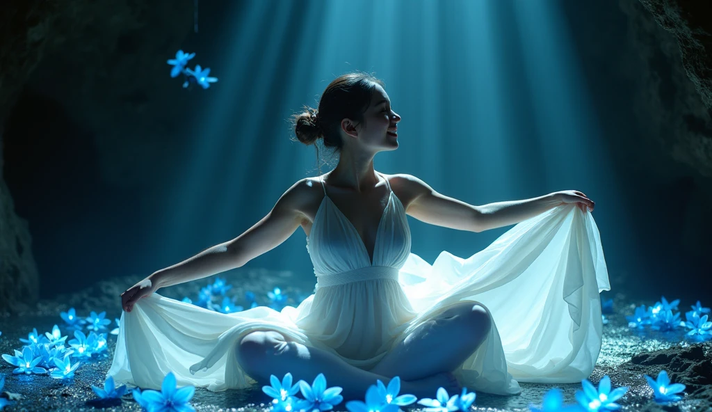 realistic photography, fantasy, a cute grin beautiful Japanese woman 25yo. Happy moment cute ,girl, sitting on dark cave, wearing white Chiffon fabric thai dress flowing. ,creating glowing flowers , glowing blue light, dynamic color, there is flowers glowing light scattered around her, depth of field, dynamic angle, fantasy, fantastic , dynamic dancing movement, gymnastics 