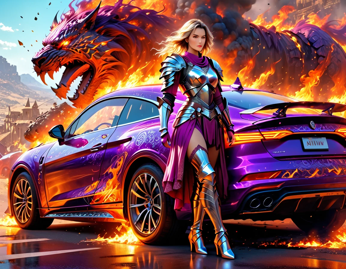 a beautiful female knight ready for battle, stands near her  loyal car, a mature female paladin knight, holy warrior, ((full body: 1.5)), ((anatomically correct: 1.5)), (ultra detailed face: 1.5), ((best detailed face: 1.5)), dynamic eye color, dynamic hair color, dynamic hair style dynamic skin complexion, holding a radiant sword, holy sword, divine sword, wearing intricate armor, wearing high heeled boots, BREAK standing near her car, divine car, magical car, ready to battle car, car wreathed in flames, holy intricate runes, slick car,  vibrant, Ultra-high resolution, High Contrast, (masterpiece:1.5), highest quality, Best aesthetics), best details, best quality, highres, 16k, (ultra detailed: 1.5), masterpiece, best quality, (extremely detailed) RAW, (ultra details, Masterpiece, best quality), Cinematic Hollywood Film, GlowingRunesAI_purple, faize