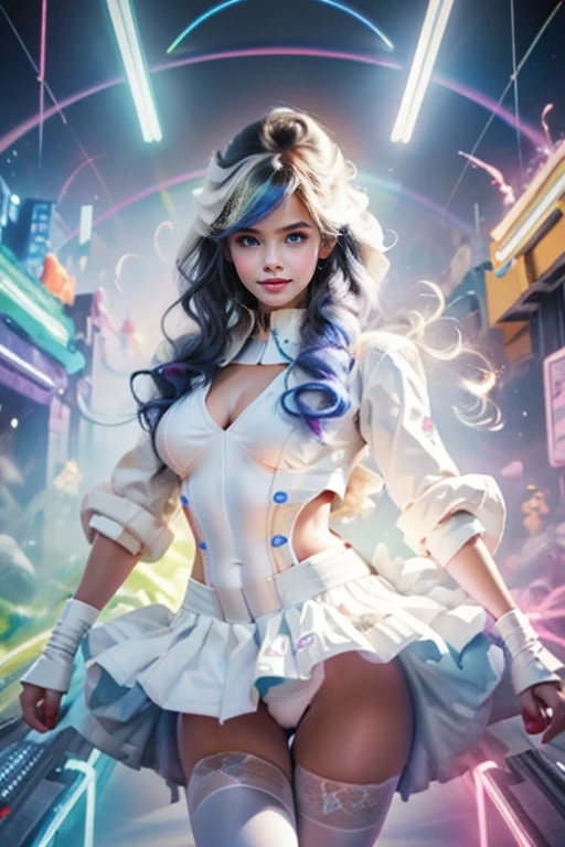 1girl, 25 years old, ( perfectly beautiful face, blue eyes 1.2, long eyelashes, gorgeous long hair, sexy clothes,white(color rainbow) ultrathin1.2, Latex 1.2, stockings.
Dancing, happy, laughs, commitment to excellence, bright neon light1.3/Best quality ,16K,a high resolution, Masterpiece Photo, much detailed, Futurism, Imagens 3d,