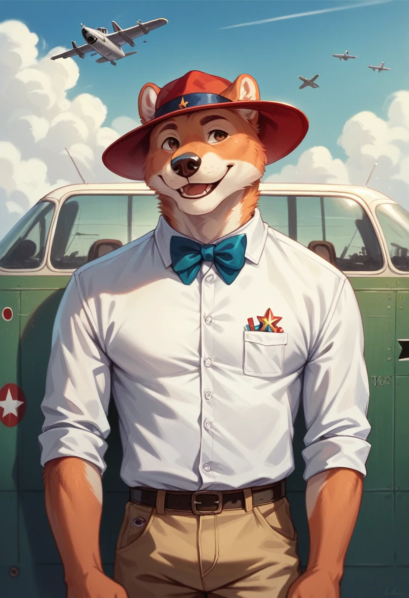 Photorealism, day, furry male, hat, male focus, red headwear,white shirt,bow tie smile, (((solo))), (standing near a vintage plane:1.2), ultra detailed, masterpiece in maximum 16K resolution, superb quality.