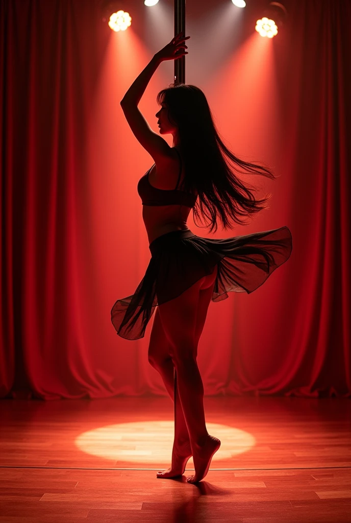 A beautiful Korean girl, memakai rok mini , spinning on a pole dance pole in a performance hall, by the light of the lamp