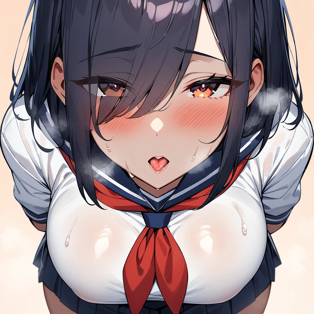 spirit,(Erotic),mouth,serafuku,red neckerchief,white blouse,pleated skirt,sexually suggestive,Leaning forward,(cowboyshot:1.5),(in heat:1.5),(big Breast),(heavy breathing:1.5),arms behind back,(Legs_apart),(eyes visible through hair:1.5),very sweaty,dark blue hair,(brown eyes),hair over eye,blush,(Heavy Breathing:1.3),(Steaming body:1),(straight-on),(light skin:1.5),masterpiece,best quality,very aesthetic,absurdres,medium hair,straight hair,(female:1),(curvy:1),(incoming kiss:1.5), facing_viewer