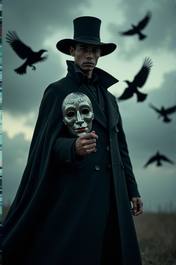 A man in a black coat stands with a large Pierrot mask, with crows in the background.