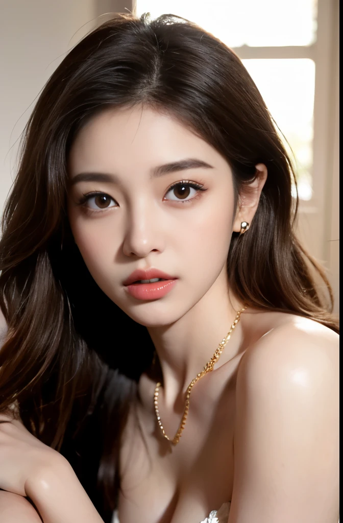 (masterpiece:1.3), (8 thousand, realistic, RAW photos, best quality: 1.4), (1 woman),(very sexy), (Beautiful makeover), (((유난히 아름다운 realistic 얼굴))), (((Create a slim and beautiful body))), (long eyelashes), (double eyelid), (Brown hair, parted, long hair:1.3), (아름다운 parted스타일), (Realistic and truly beautiful and delicate eyes), (((beautiful and big breasts))), (realistic and beautiful skin), (absurd), (attractive), (ultra high resolution), (extremely realistic), (very detailed), (golden ratio), (necklace), (earring), (So beautiful and sexy), (((beautiful eyes))), (((high nose))), (((small nostrils))), (((beautiful mouth))), (((beautiful mouth술)))