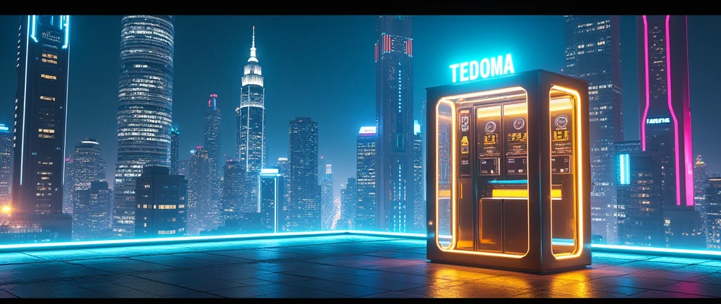 There is a phone booth in a futuristic city, written on the booth: TEDOMA, positioned on the right corner of the image,  contrasting colours, rendered in keyshot, futuristic cabins, cabine no estilo TRON LEGACY, lights in blue and golden colors, cabin made of glass, transparent cabins, cyberpunk, Time Machine, represented as a 3D rendering, 3D rendering beep, promotional rendering, sci-fi magic highly detailed.