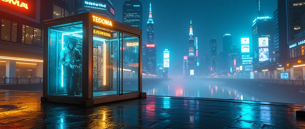 There is a phone booth in a futuristic city, written on the booth: TEDOMA, positioned on the right corner of the image, contrasting colours, rendered in keyshot, futuristic cabins, cabine no estilo TRON LEGACY, lights in blue and golden colors, cabin made of glass, transparent cabins, cyberpunk, Time Machine, represented as a 3D rendering, 3D rendering beep, promotional rendering, sci-fi magic highly detailed.
