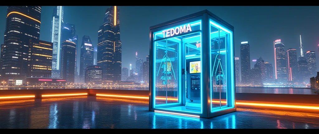 There is a phone booth in a futuristic city, written on the booth: TEDOMA, positioned on the right corner of the image, contrasting colours, rendered in keyshot, futuristic cabins, cabine no estilo TRON LEGACY, lights in blue and golden colors, cabin made of glass, transparent cabins, cyberpunk, Time Machine, represented as a 3D rendering, 3D rendering beep, promotional rendering, sci-fi magic highly detailed.