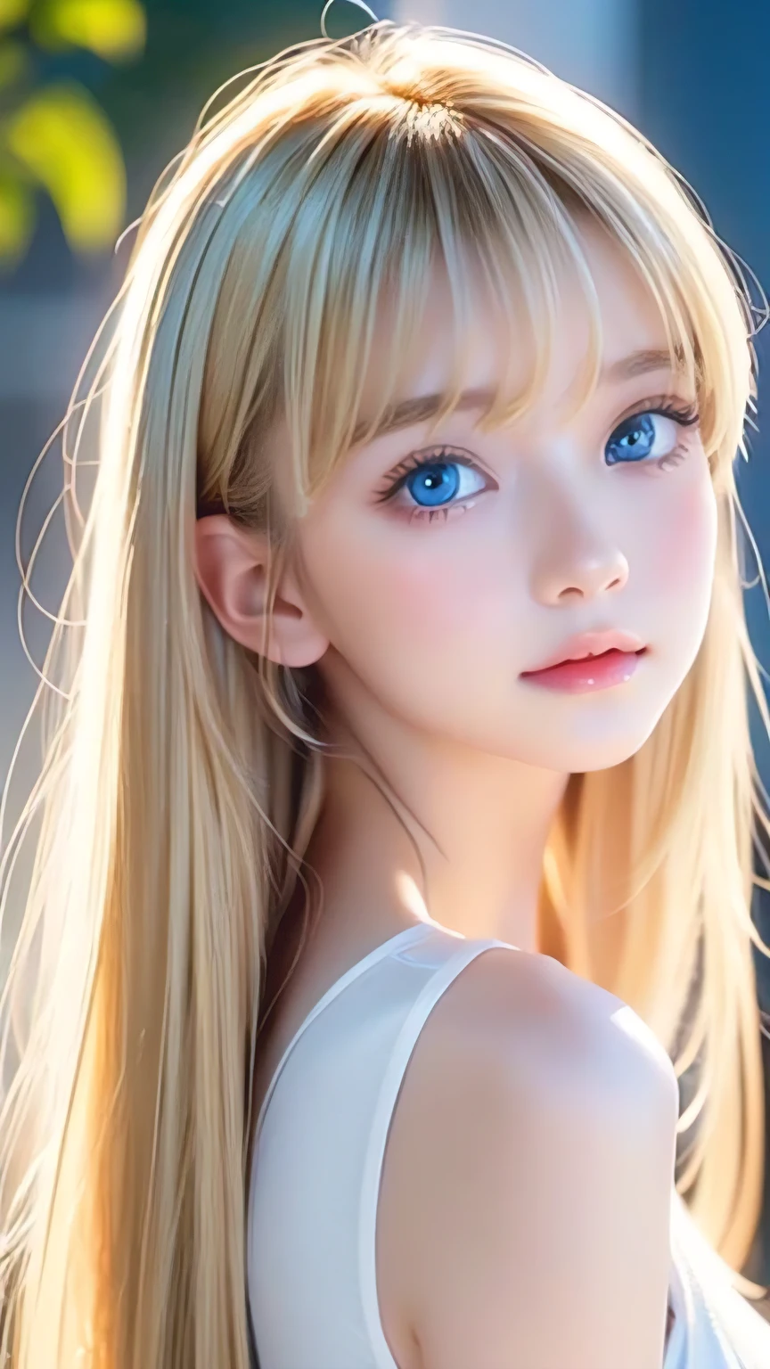 Incredibly bright, white, glossy, beautiful skin、Blonde hair color that changes with reflected light、Bangs between the eyes blocking the view、Glossy highlight on cheeks、sexy, very beautiful, lovely, cute, gorgeous face、The most beautiful face in the world、15-year-old beautiful girl、Super long blonde hair、smooth, straight hair、Big Breasts, Sparkling bright sky blue eyes、Beautiful bangs、Small Face Beauty、Round face、Very beautiful appearance