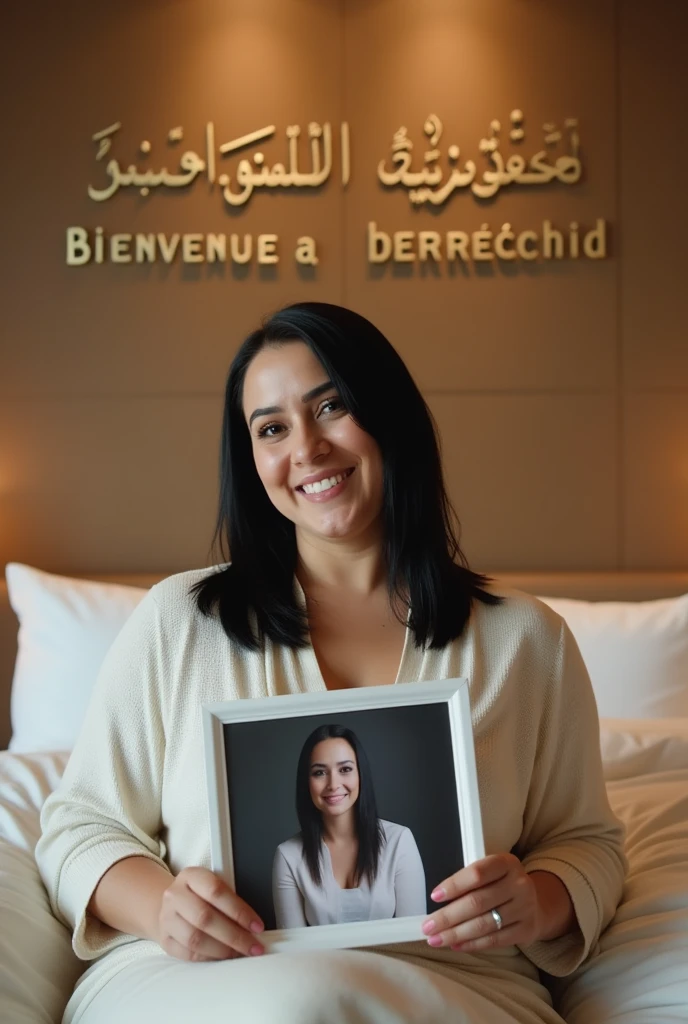Une femme brune. Les cheveux raides, écartés ou un peu écartés du cou, pas longs, de couleurs noirs. Une femme un peu volumineuse par sa forme physique. Assise dans une grande chambre d'hôtel, sur un lit de l'hôtel, souriante, la tête droite, le regard droit fixé vers l'avant, portant dans ses mains une grande photo qu'elle montre bien vers l'avant de sorte que la photo qu'elle montre soit un peu décollée de sa poitrine et derrière elle, accroché sur le mur, un tableau avec 2 écritures sur le tableau. L'une qui dit en arabe : Bienvenue à Berrechid et la deuxième en langue française qui dit : Bienvenue à Berrechid.