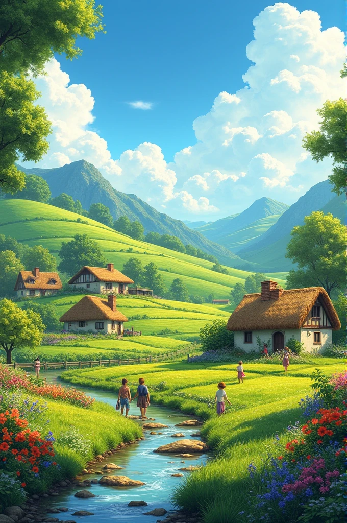 Village Scene: A serene and green landscape of a small village.