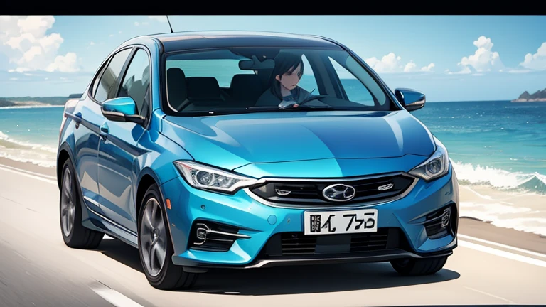 A lightly dressed woman rides in an open car、Please draw an illustration of someone running along a road by the sea.。The woman's expression is cheerful、In the background you can see the white sand beach and the crashing waves of the ocean.。Expresses a scene that captures a refreshing summer moment.。