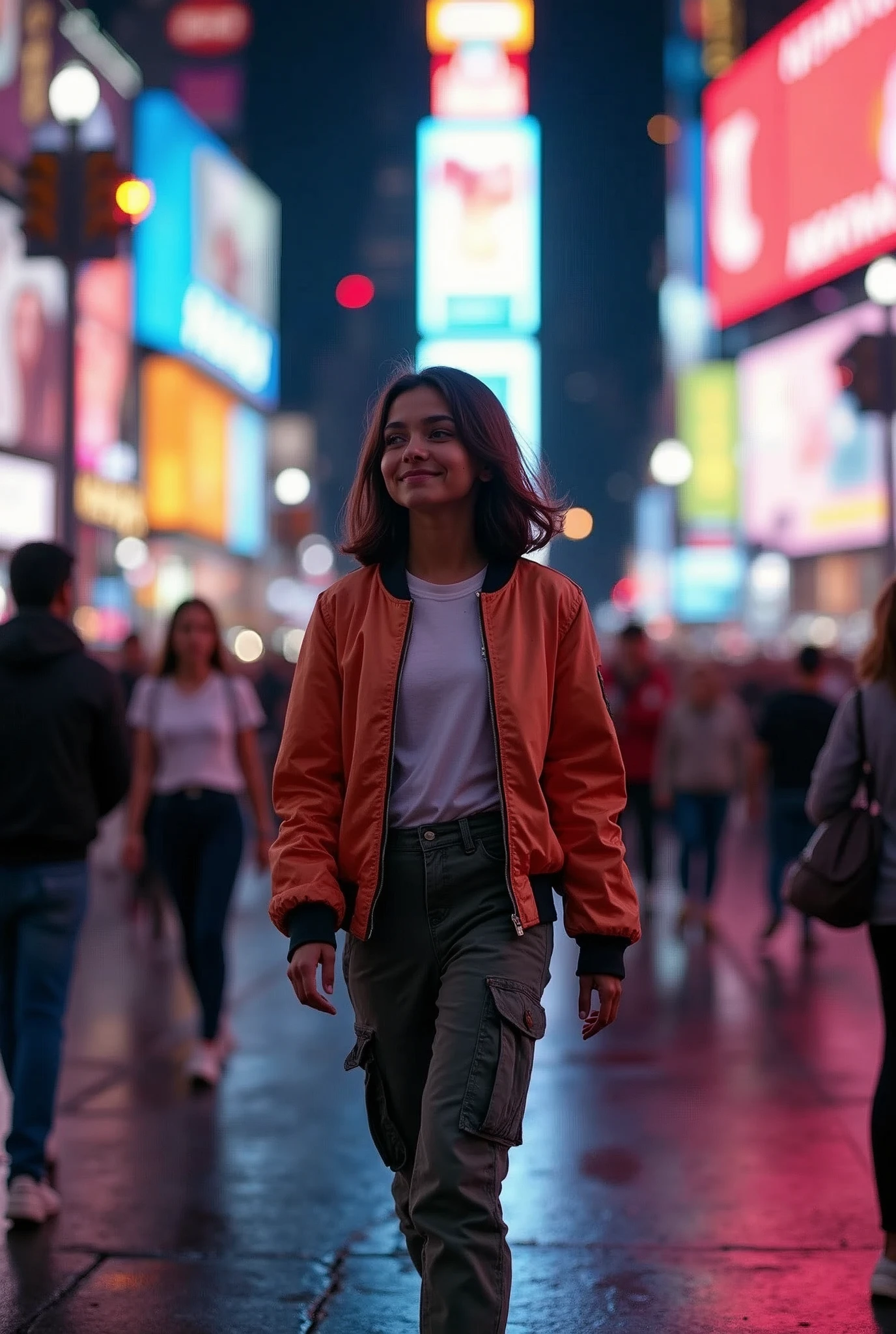 (photorealism:1.2), very beautiful young girl, shoulder haircut, wearing slimfit bomber jackets and cargo pants is walking at crowded people(man and  women), sweet litle smile, concerta, newyork city streets so many billboard and street mark, stop lights, cyberpunk(realism)