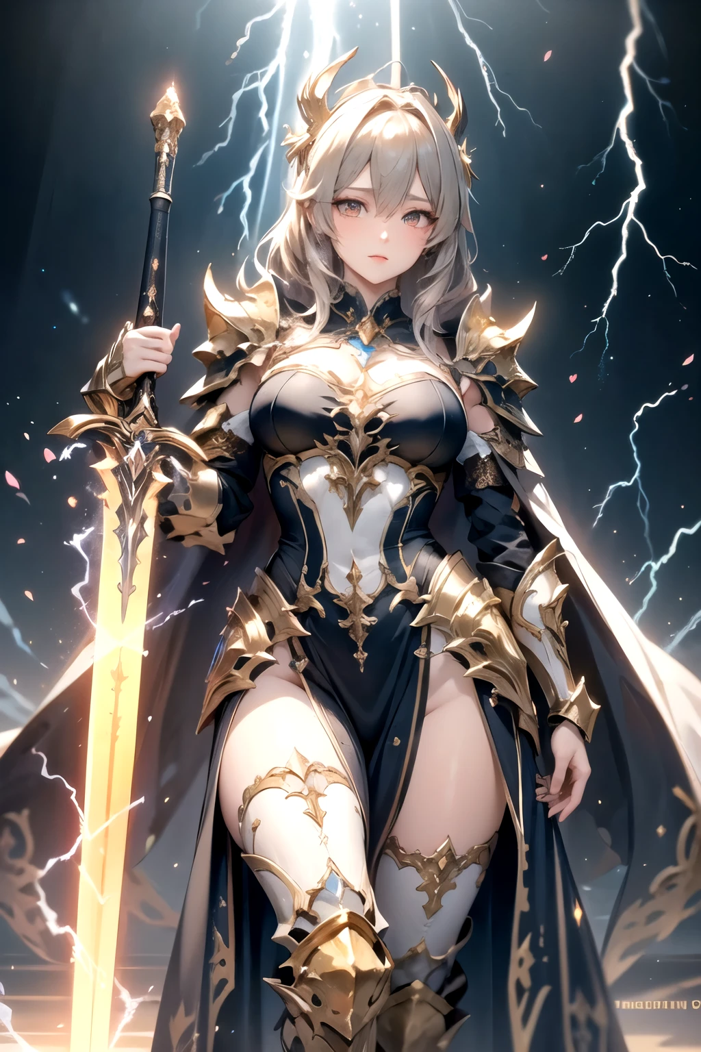 super realistic image, high quality uhd 8K, of (1 god girl, Hilyn), detailed realistic ((athletic body, high detailed)), ((tall model)), (skinny waist), ((beautiful bright blonde long hair)), ((no beard)), high detailed realistic skin, (((powerful and fantastic full armor, divine golden fantasy armor))), (((casting lightning magic spells with great golden fantasy sword))), ((white fur cape)), ((magical hearts of light)), (in guardian position, in the valhalla), real vivid colors, standing