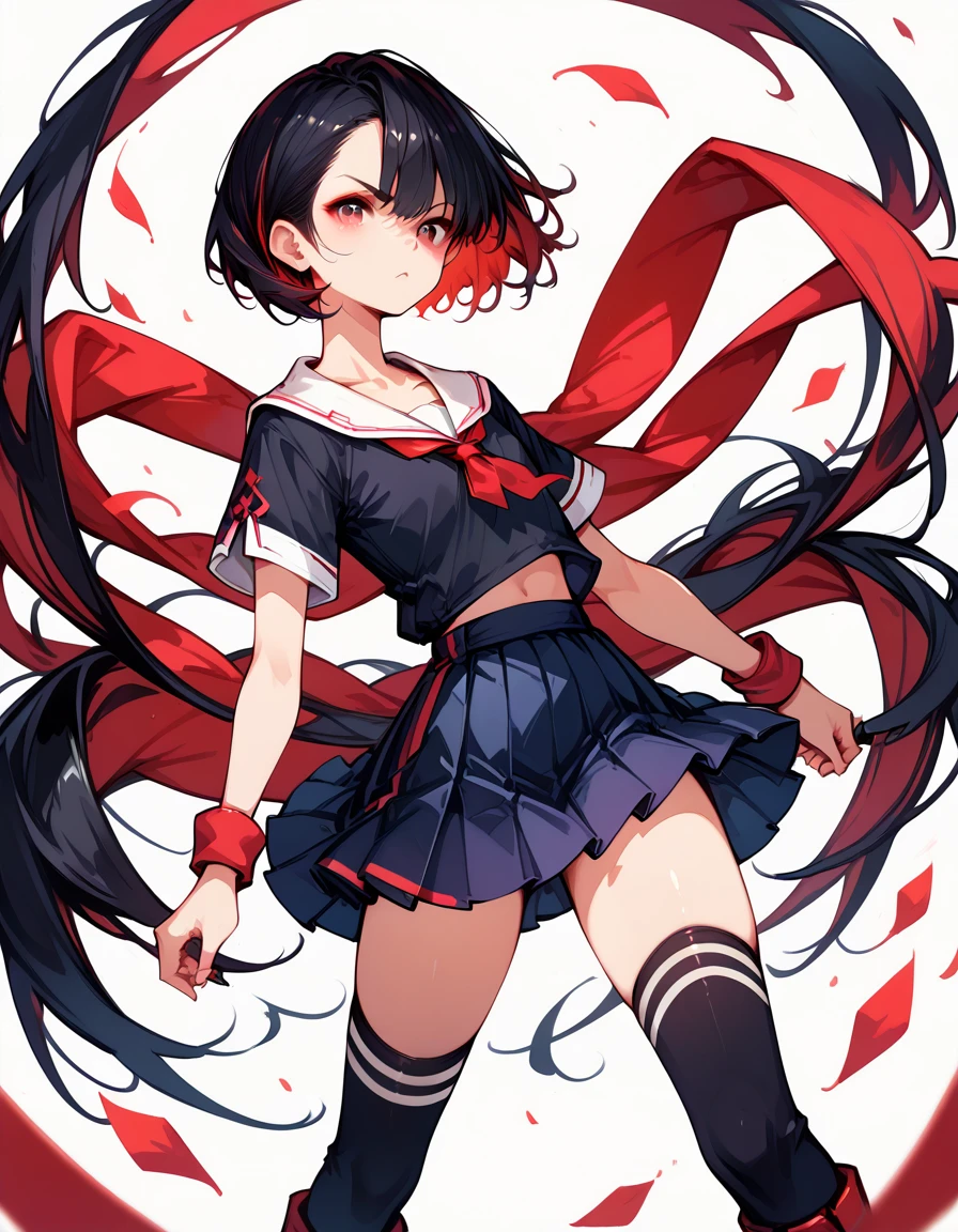 score_9, score_8_up, score_7_up, masterpiece, ultra-detailed, pretty eyes,1Girl, solo, teenager, short, small chest, big hips, glaring, red eyes, thick thighs, short black hair with bangs, red Inner Hair, teenager, wearing (BLACK clothing). BLACK short-sleeve serafuku, red ribbon, pleated skirt, zettai ryouiki thighhighs, black and red striped thigh-high socks, ankle-length platform boots, no items, no effects.
