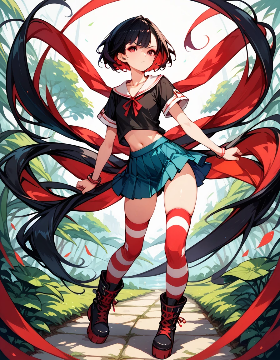 score_9, score_8_up, score_7_up, masterpiece, ultra-detailed, pretty eyes,1Girl, solo, teenager, short, small chest, big hips, glaring, red eyes, thick thighs, short black hair with bangs, red Inner Hair, teenager, wearing (BLACK clothing). BLACK short-sleeve serafuku, red ribbon, pleated skirt, zettai ryouiki thighhighs, black and red striped thigh-high socks, ankle-length platform boots, no items, no effects.
