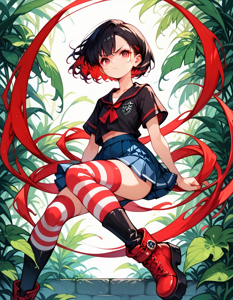 score_9, score_8_up, score_7_up, masterpiece, ultra-detailed, pretty eyes,1Girl, solo, teenager, short, small chest, big hips, glaring, red eyes, thick thighs, short black hair with bangs, red Inner Hair, teenager, wearing (BLACK clothing). BLACK short-sleeve serafuku, red ribbon, pleated skirt, zettai ryouiki thighhighs, black and red striped thigh-high socks, ankle-length platform boots, no items, no effects.
