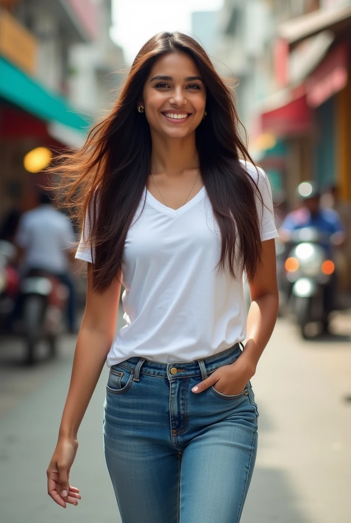 A young girl looks like South Indian actress Shruti Hassan , her Age 23 years. she is walking on road in city . She wearing jean and white t-shirt. Half body image.