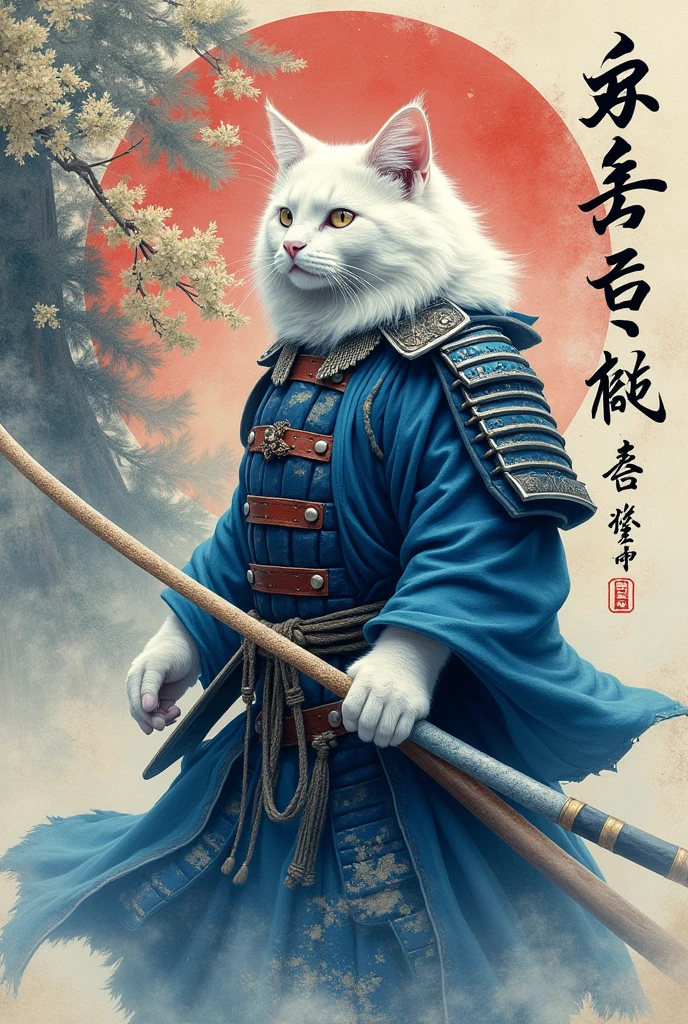 a samurai white cat, intricate ink brush painting, calligraphy, traditional japanese art, elegant, dramatic, dynamic pose, fierce expression, detailed fur textures, delicate brushstrokes, calming blue and white colors, dramatic chiaroscuro lighting, 