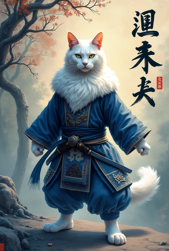 a samurai white cat, intricate ink brush painting, calligraphy, traditional japanese art, elegant, dramatic, dynamic pose, fierce expression, detailed fur textures, delicate brushstrokes, calming blue and white colors, dramatic chiaroscuro lighting, 