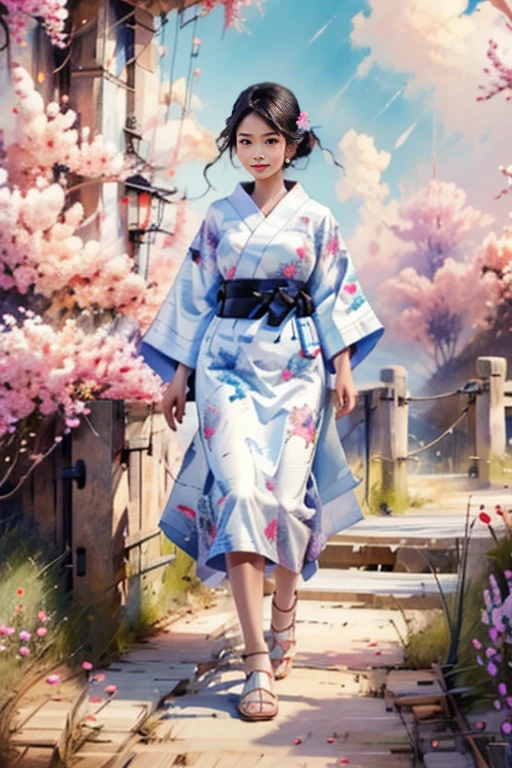 there's a painting of a bridge and people, walking on it, beautiful art uhd 4k, stunning artwork in 8k, beautiful artwork illustration, beautiful digital images, Detailed art of decorations, Highly detailed 4K digital art, Highly detailed digital image, decorations, complex digital painting, detailed painting 4k, stunning digital illustration, japanese art style, 4k high-detail graphics