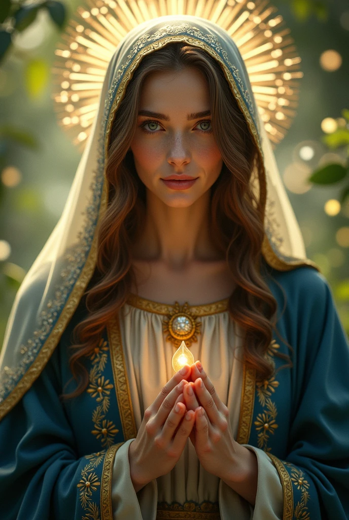Very beautiful Virgin Mary, looking at the camera,