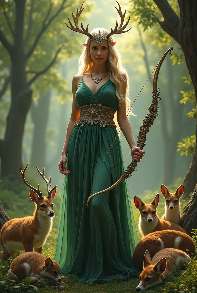 Greek Goddess Artemis holding a bow with animals front view