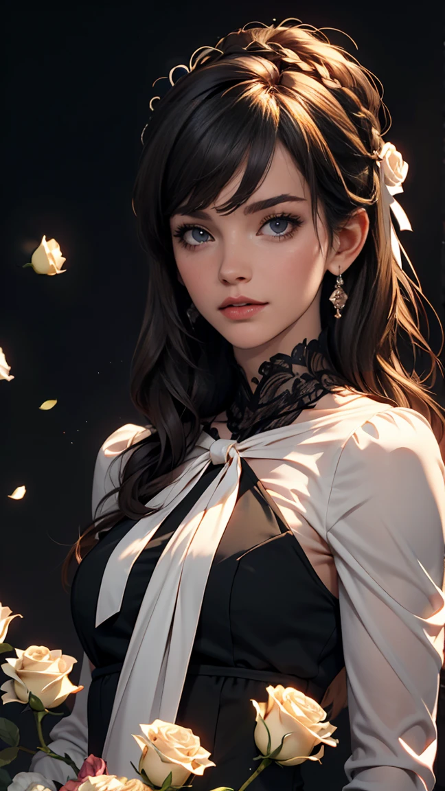 ((masterpiece, highest quality)),Best aesthetics,One girl, alone, Long Hair, Black Dress, flower, ribbon, Black background, Black Hair, Rose, hair ribbon, Green Eyes, Long sleeve, white Rose, Mouth closed, black ribbon, Upper Body, Cinema Lighting