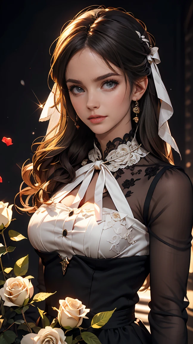 ((masterpiece, highest quality)),Best aesthetics,One girl, alone, Long Hair, Black Dress, flower, ribbon, Black background, Black Hair, Rose, hair ribbon, Green Eyes, Long sleeve, white Rose, Mouth closed, black ribbon, Upper Body, Cinema Lighting