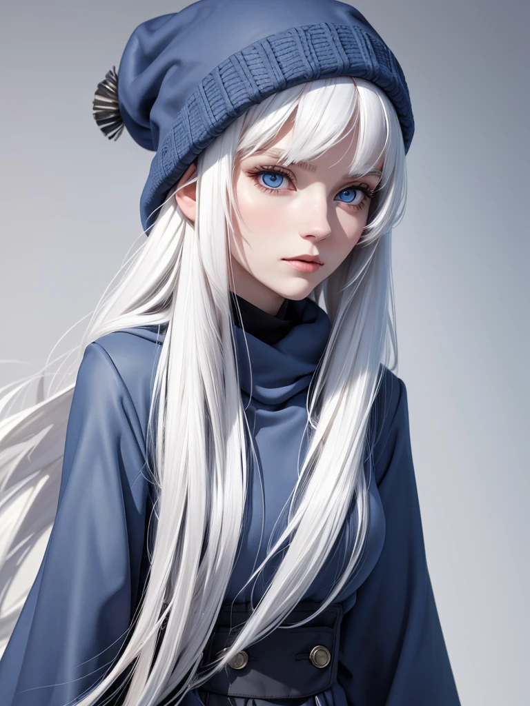 (best quality), 1girl, female, pale skin, white hair, long hair, swept bangs, straight hair, blue eyes, perfect eyes, skinny body, winter hat, winter coat, masterpiece, anatomically correct, highres