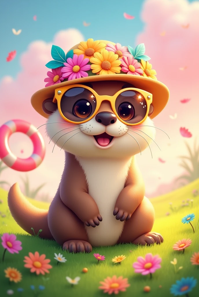 Cute otter,sitting on ground into Green Grass with flowers,soft pink touch,wearing a flowers hat,cartoon,sun butterflys sunglasses,swimming tires,Alpha Background