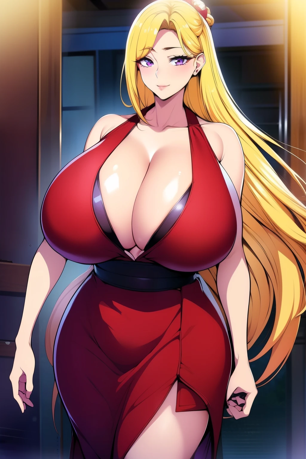 An anime-style artwork depicting Kousaka Shizuru from the game Honkai star rail.

Tags: Kousaka Shizuru, anime, detailed eyes, detailed lips, ass, bare shoulders, (blonde hair:1.4), (white short kimono:1.1), cleavage, long hair,  solo, huge breasts,  (violet eyes:1.1),, smiling expression, intense gaze, dynamic pose, indoor, palace, vibrant colors, digital art, high-resolution, professional quality, gigantic breasts, curvy, cowboy shot, (gigantic breasts: 1.4),, fox ears