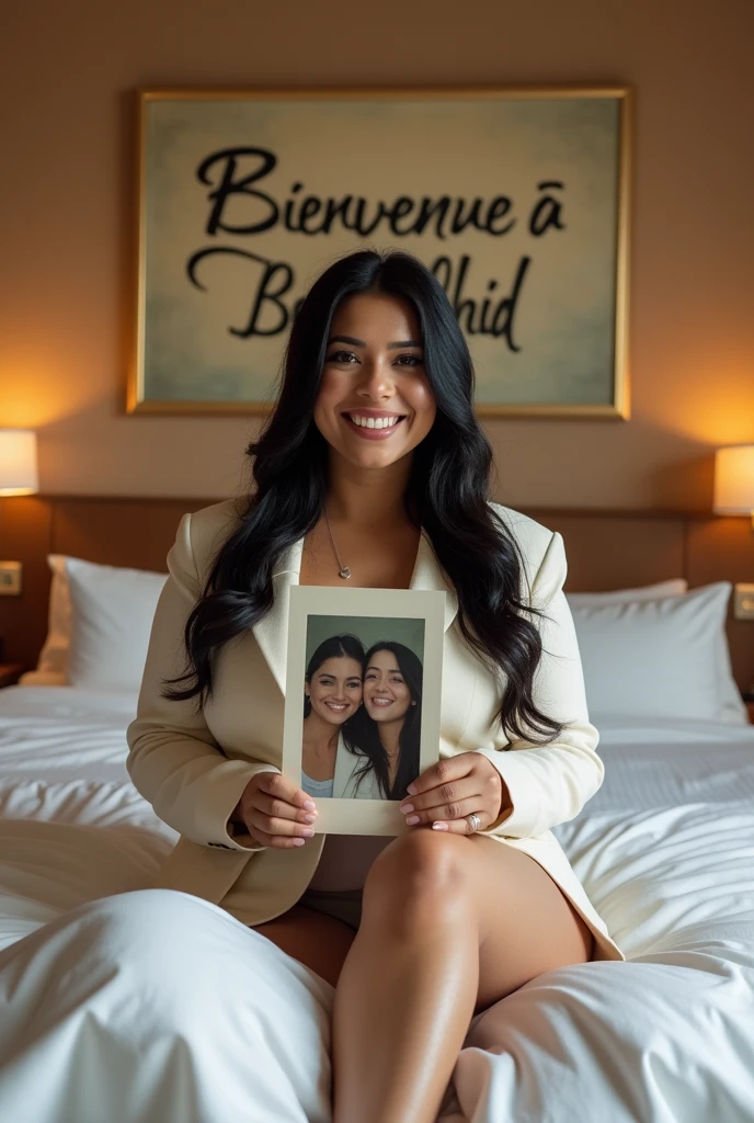 Une femme brune. Les cheveux raides, écartés ou un peu écartés du cou, pas longs, de couleurs noirs. Une femme un peu volumineuse par sa forme physique. Assise dans une grande chambre d'hôtel, sur un lit de l'hôtel, souriante, la tête droite, le regard droit fixé vers l'avant, portant dans ses mains une grande photo qu'elle montre bien vers l'avant de sorte que la photo qu'elle montre soit un peu décollée de sa poitrine et derrière elle, accroché sur le mur, un tableau avec 2 écritures sur le tableau. L'une qui dit en arabe : Bienvenue à Berrechid et la deuxième en langue française qui dit : Bienvenue à Berrechid.