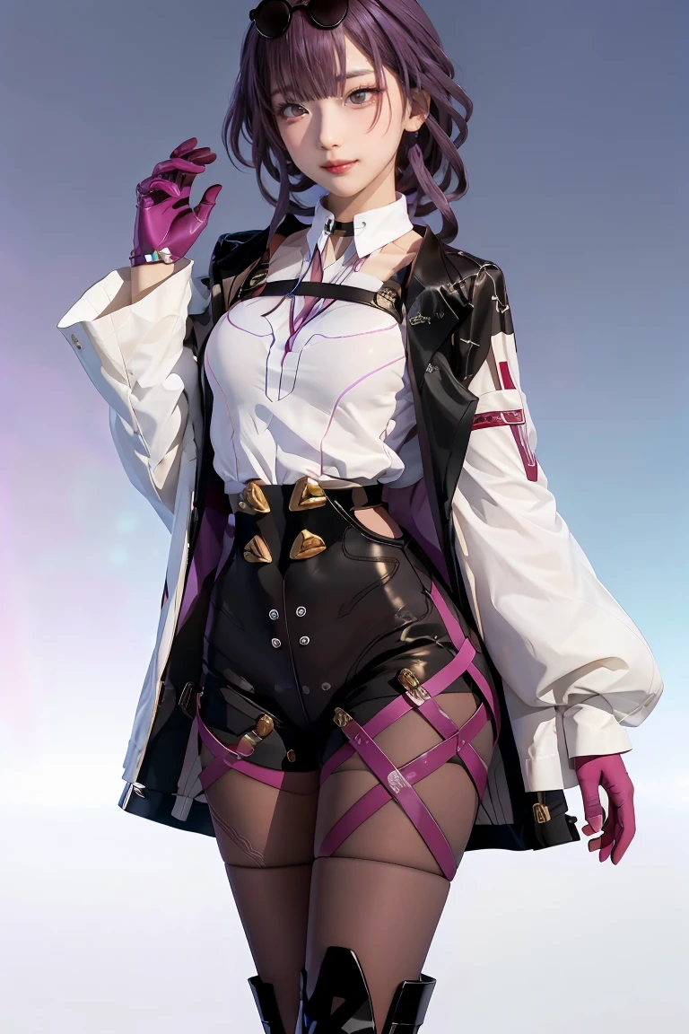 masterpiece, best quality, 1girl, KafkaV4, shirt, white shirt, jacket, purple hair, long sleeves, eyewear on head, sunglasses, boots, gloves, pantyhose, cowboy shot, standing, gradient background, spaceship, closed mouth, smile, looking at viewer,